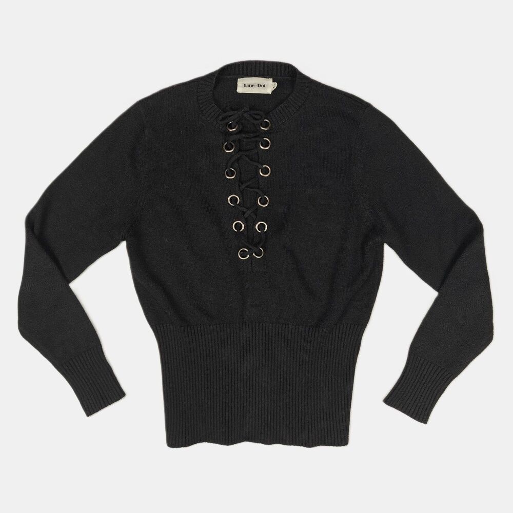Line + Dot Lea Grommet Lace Up Cinched Waist Black Knit Sweater Size S Y2K